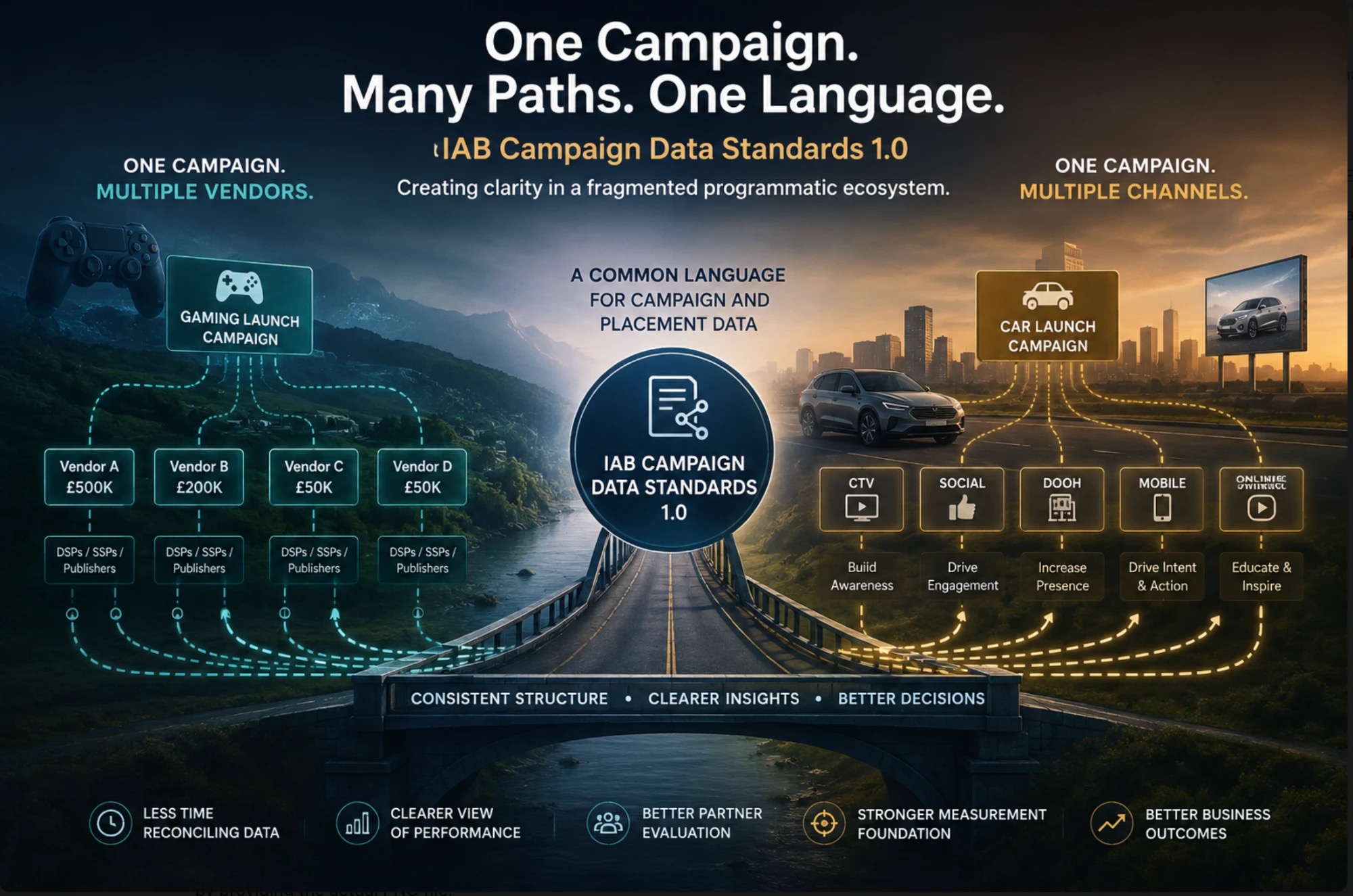 Diagram showing a gaming launch campaign split across four vendors (Vendor A £500K, Vendor B £200K, Vendor C £50K, Vendor D £50K), each with its own DSPs, SSPs and publishers, and a car launch campaign split across CTV, social, DOOH, mobile and online video channels, both converging on a bridge labelled IAB Campaign Data Standards 1.0 as a common language for campaign and placement data, leading to consistent structure, clearer insights and better decisions.